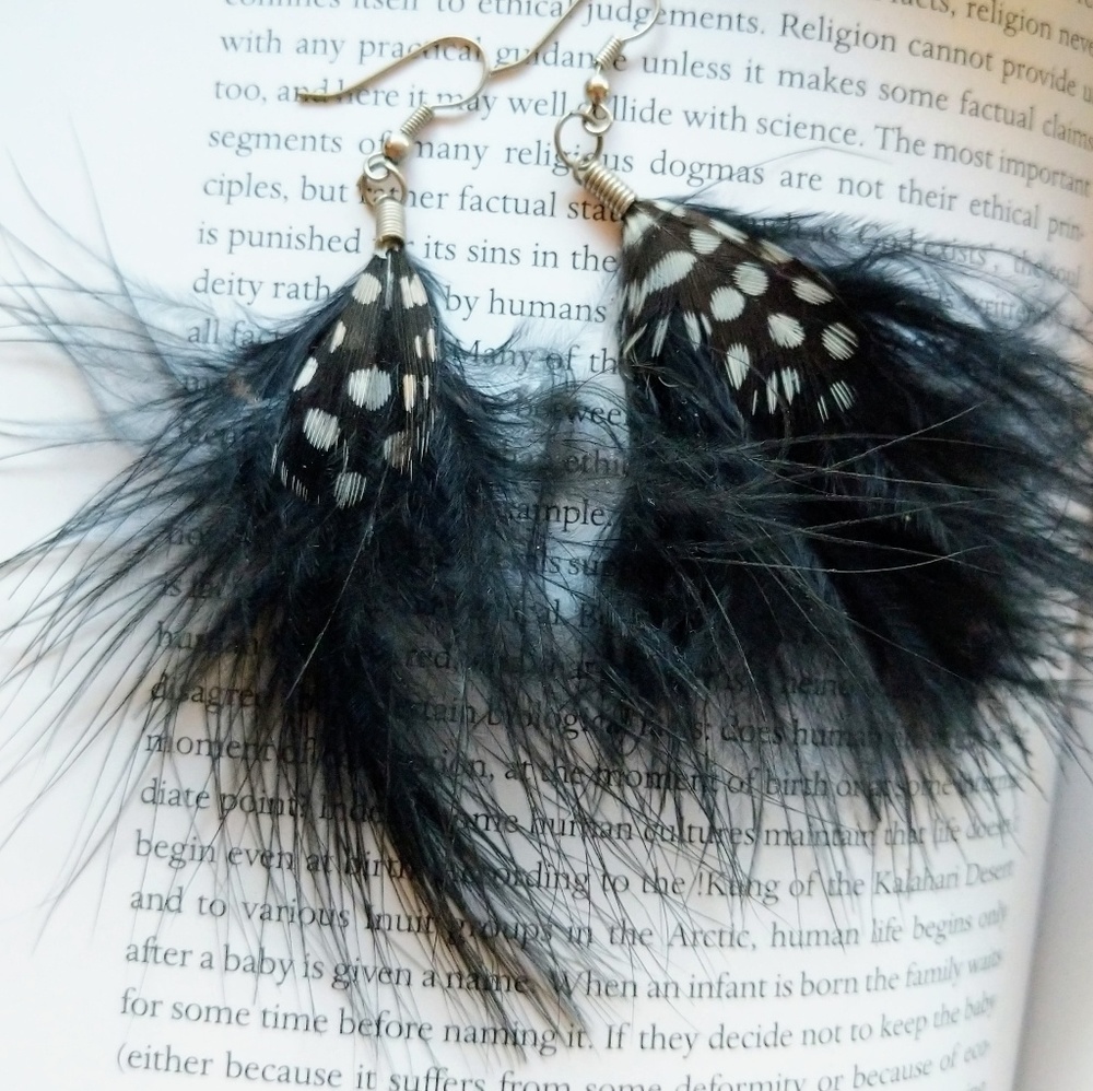 Black Feather with white dots drop earrings